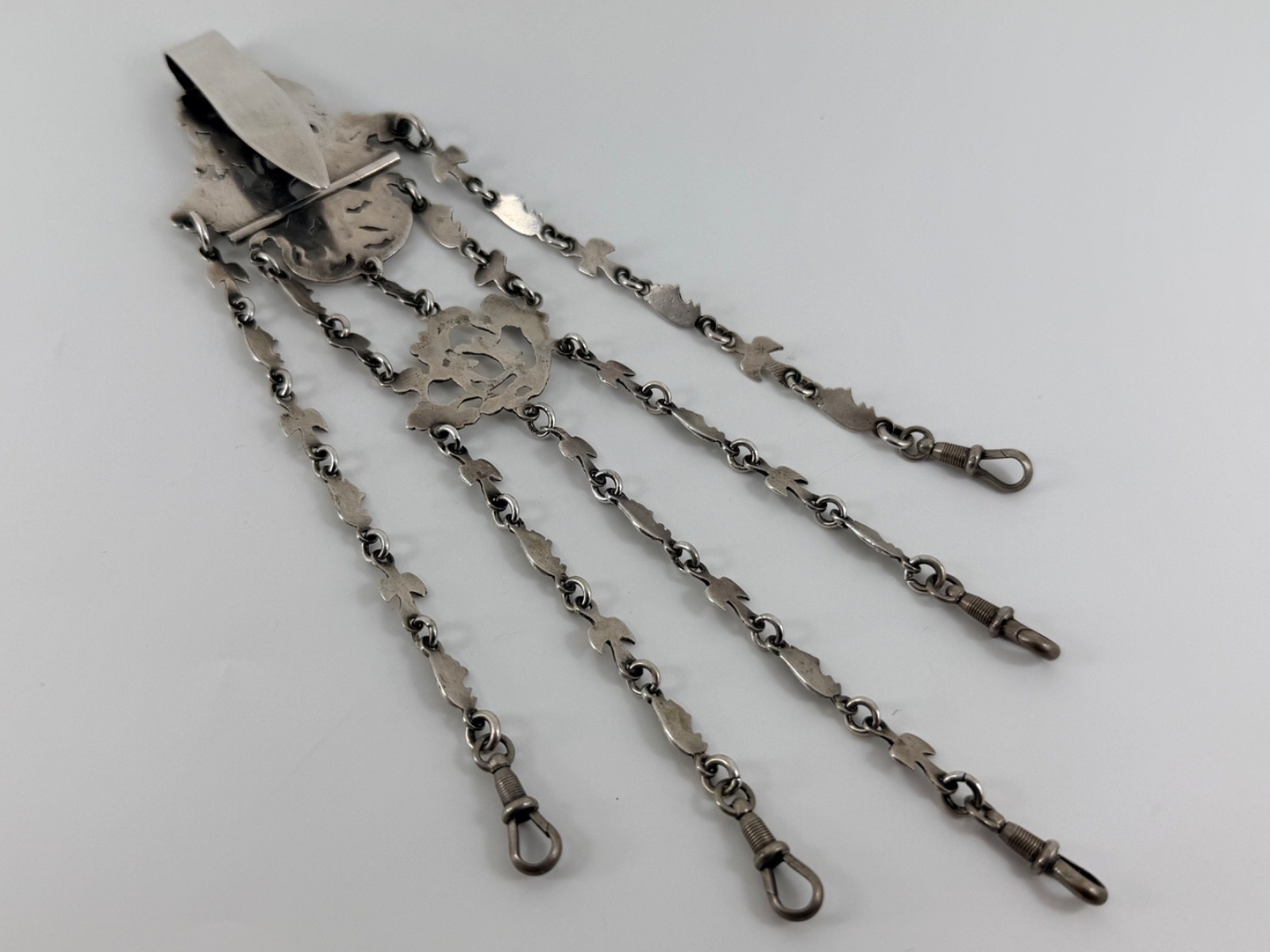 SOLID STERLING SILVER BEAUTIFUL VICTORIAN CHATELAINE AND FIVE CHAINS LONDON 1888