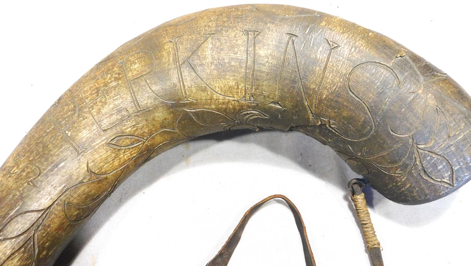 Antique Carved Powder Horn James Perkins Guilford CT Dated May 1852 Folk Art