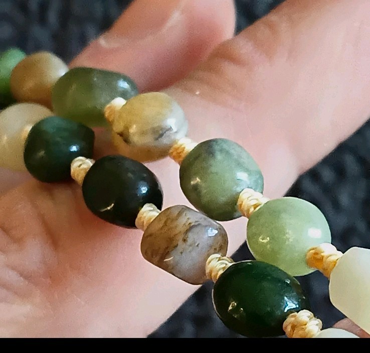 Tibetan Agate/ Hetian Jade Pre 1800s Lianshi 3 Eye Dzi Bead Prayer Necklace