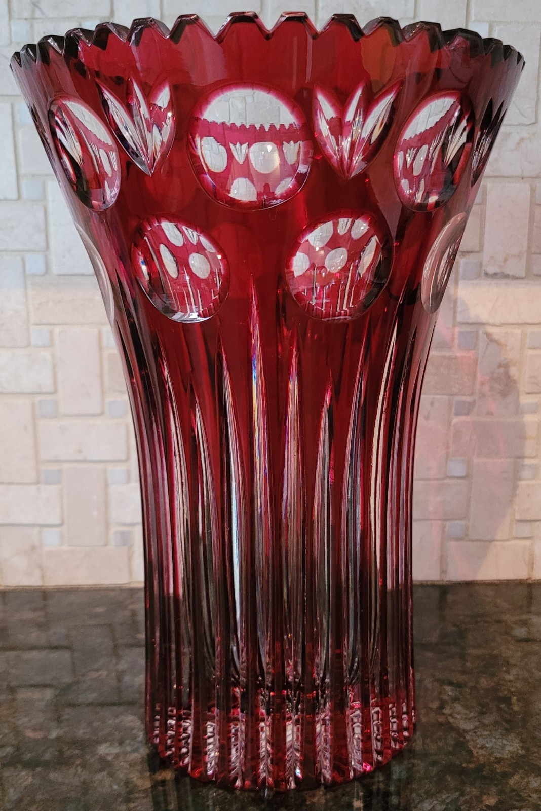 Large Antique Ruby Cut to Clear Crystal vase in perfect condition, 10 1/8″ Tall