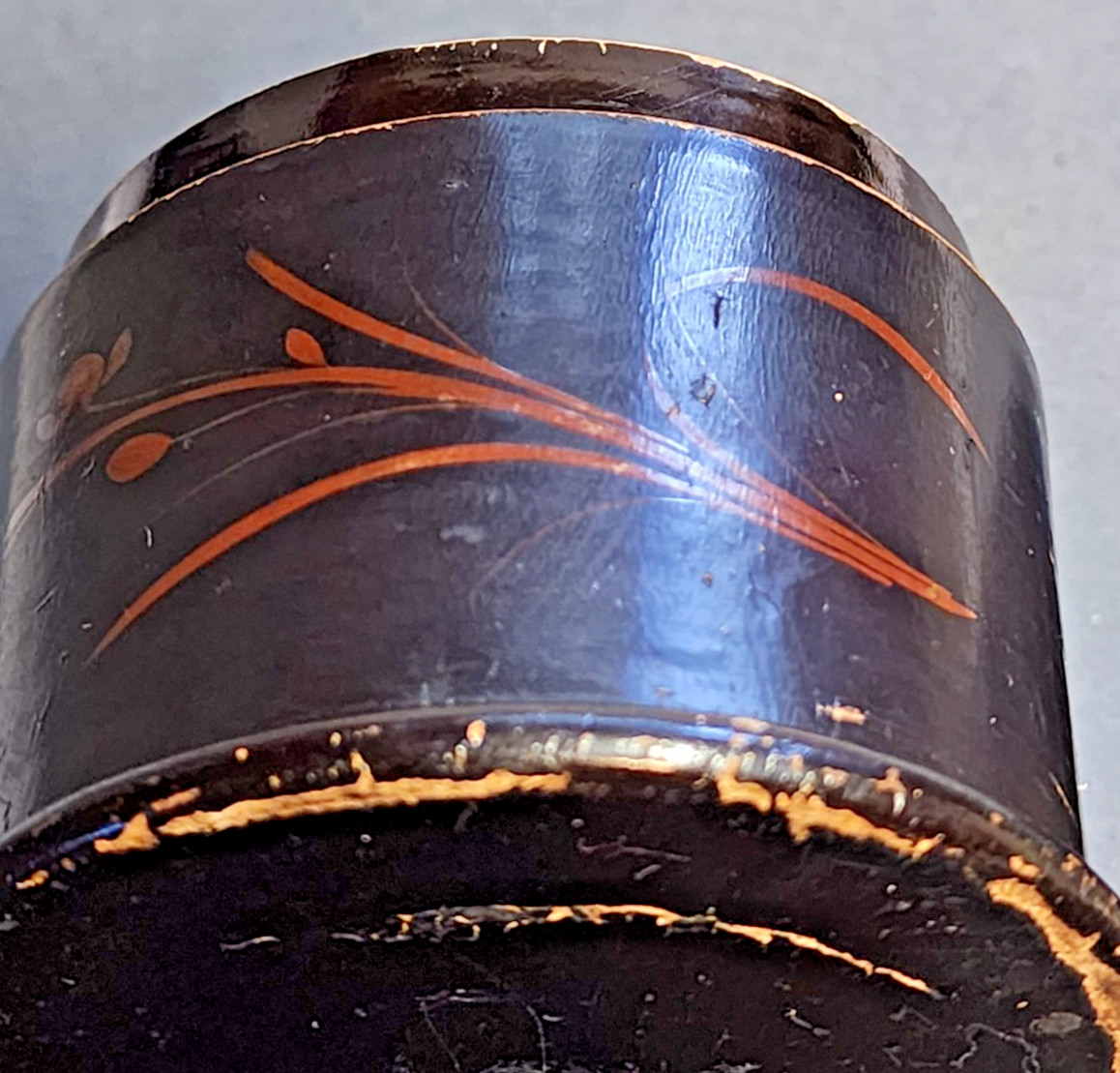 Antique Black Lacquer Toleware box Tea or Spice Caddy Hand Painted Chinoiserie