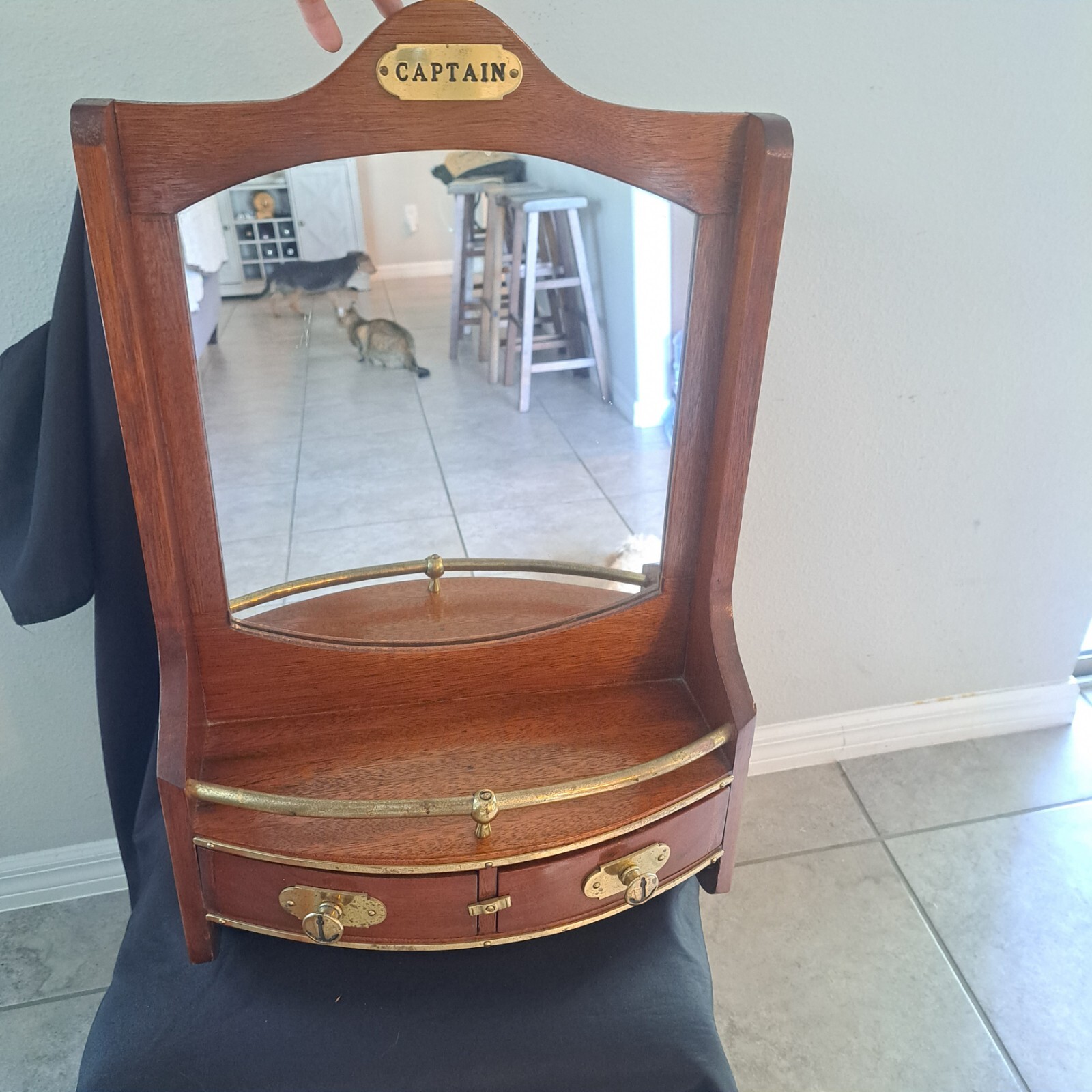 Antique Captain’s mahogany Wood & brass vanity mirror Make Up- Shaver