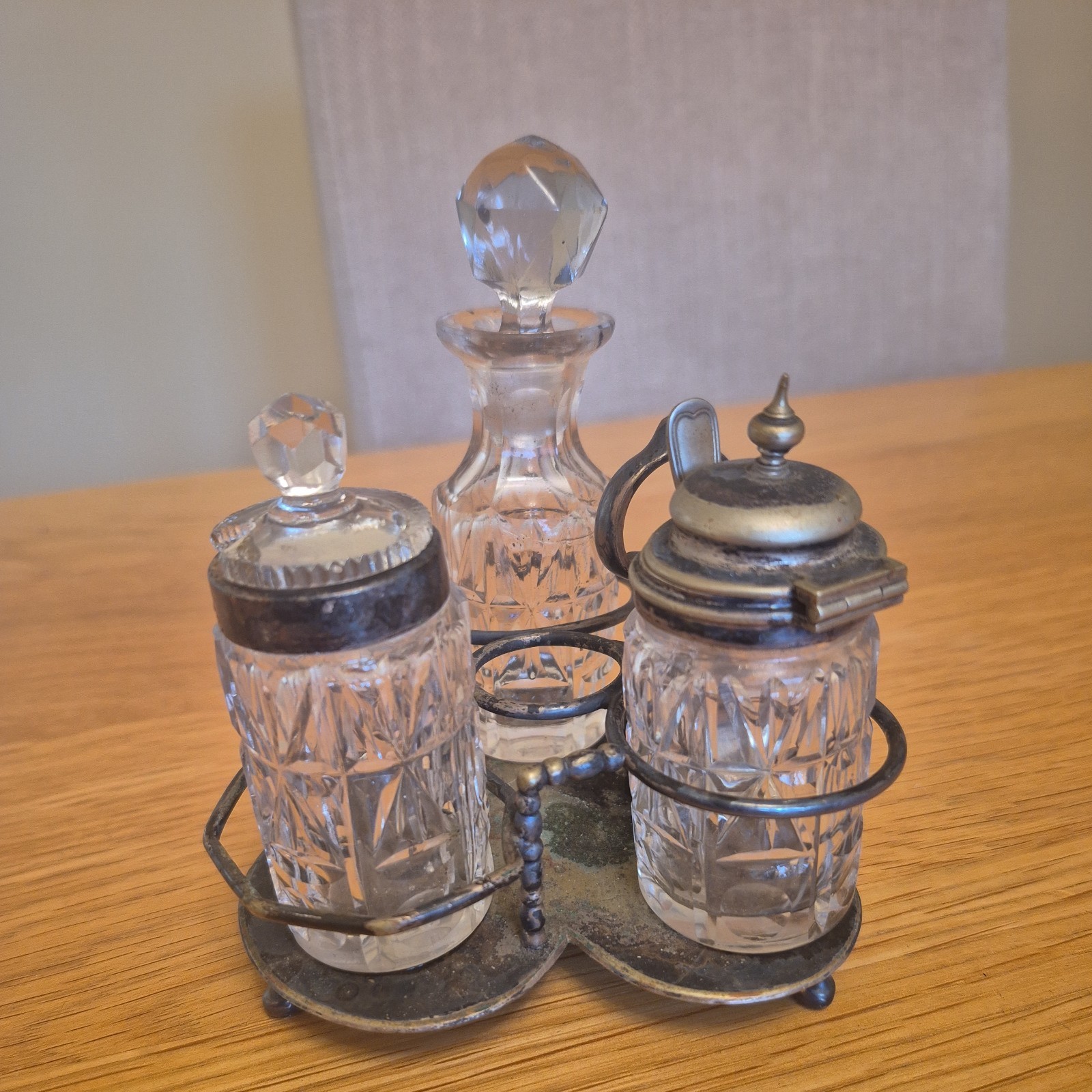 Antique Victorian Thomas Harwood & Sons (T H & S) 3 Bottle Cruet Set With Stand