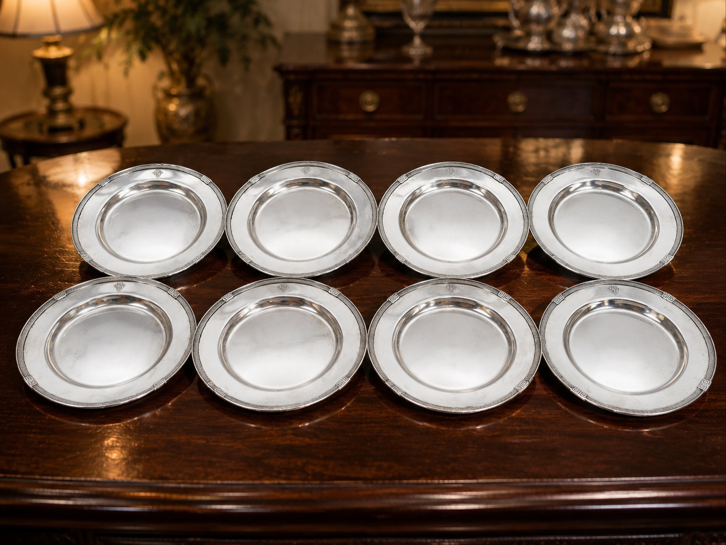 8 Gorham Etruscan Greek Key Sterling Silver 6″ Side Plates, c. 1916 Mono, 896g