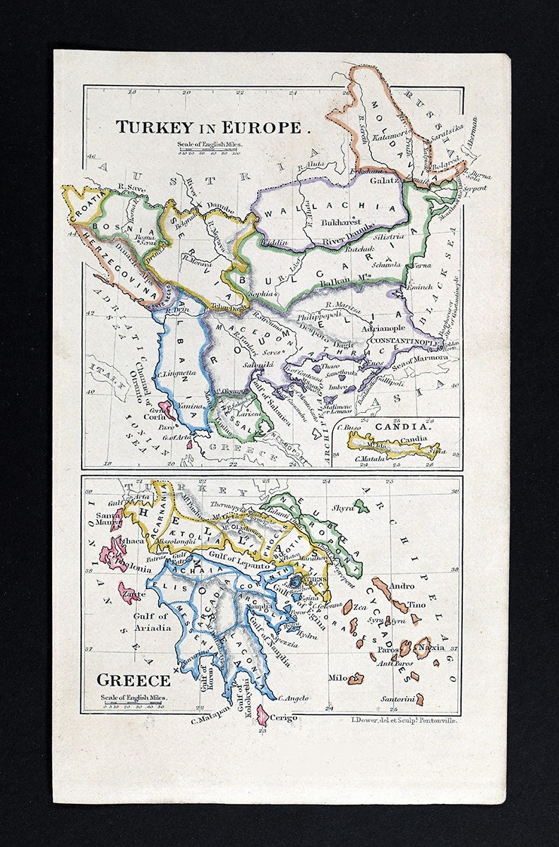 1863 Dower Map Greece Athens Turkey Balkans Constantinople Bulgaria Serbia Crete