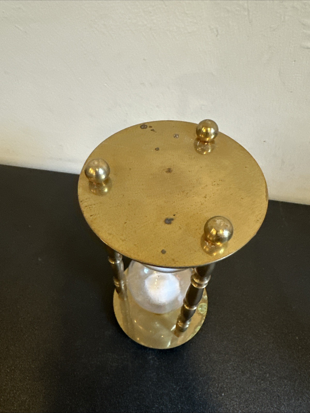 Vintage Gold Tone Brass Hourglass Timer Penco? Decorative Brass Glass White sand