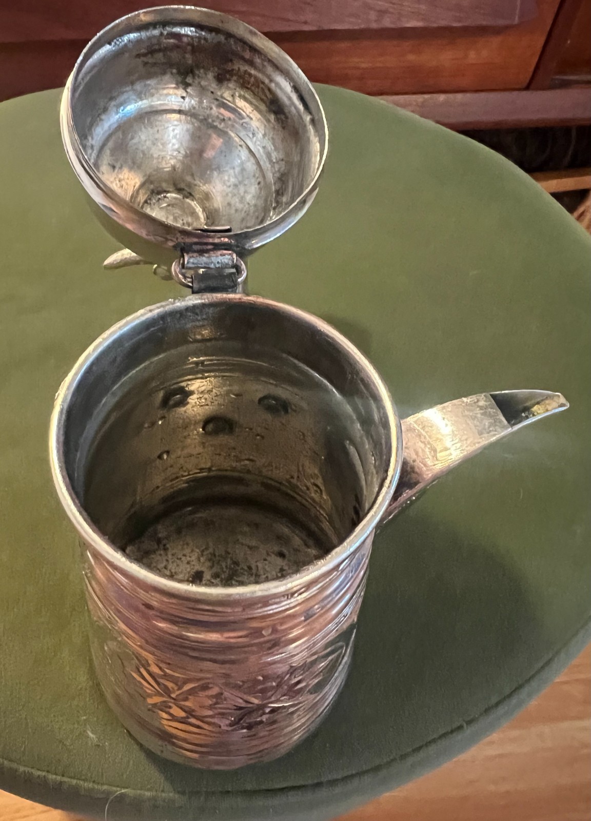 Vintage Middle Eastern Dallah Coffee Pot Hand Engraved Silver Plated 7″ Bird Lid