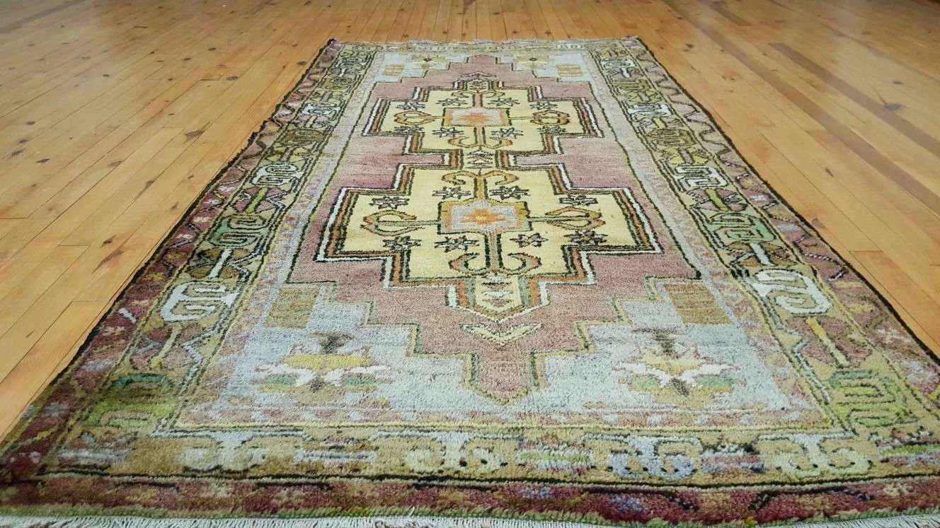 Primitive Antique Cr1930-1939s Wool Pile Muted Dyes Oushak Runner Rug 3’5”x 6’4”