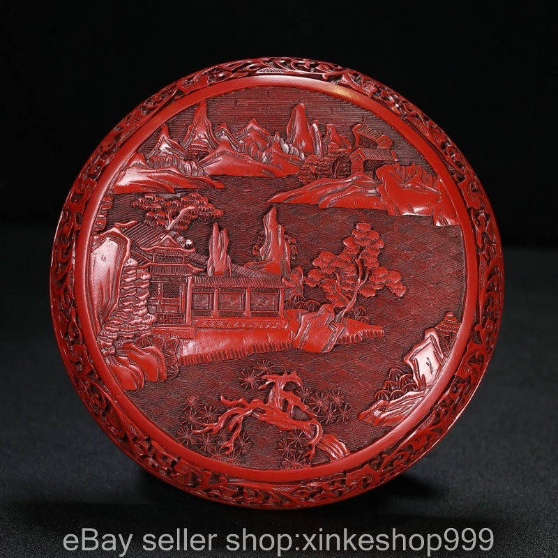 7.2″ Old Chinese Red lacquerwork Wood Carving Mountain People House jewelry Box