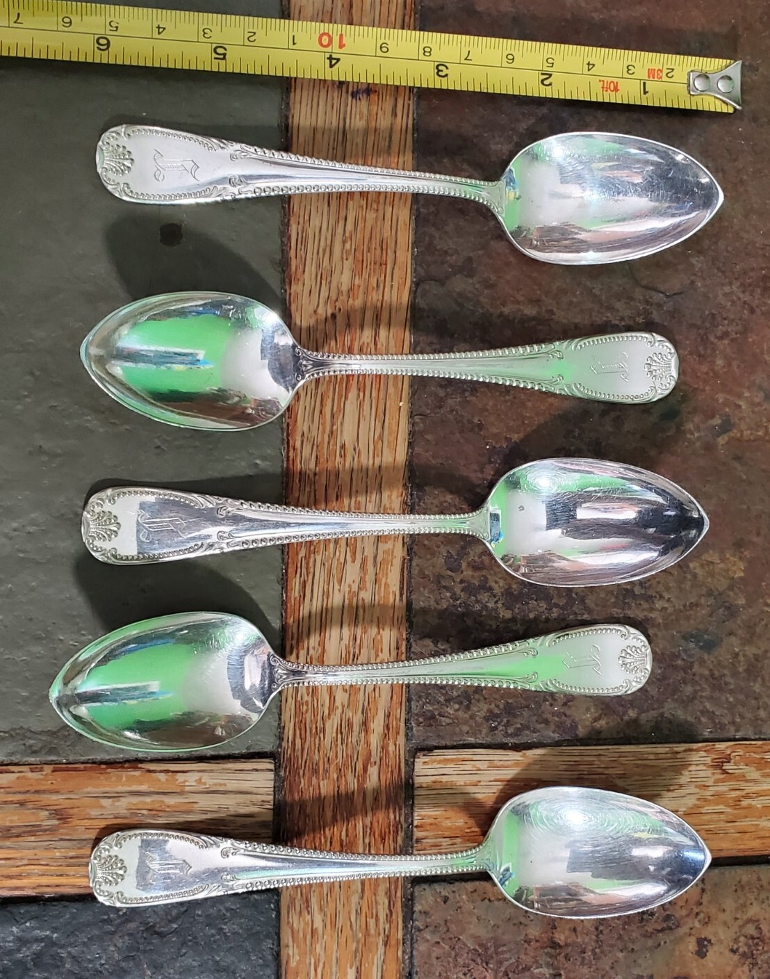 😜LOT OF 5 RARE c1898! GEISHA / QVM1 SILVERPLATED TEASPOONS/ TEA 🍵 SPOONS