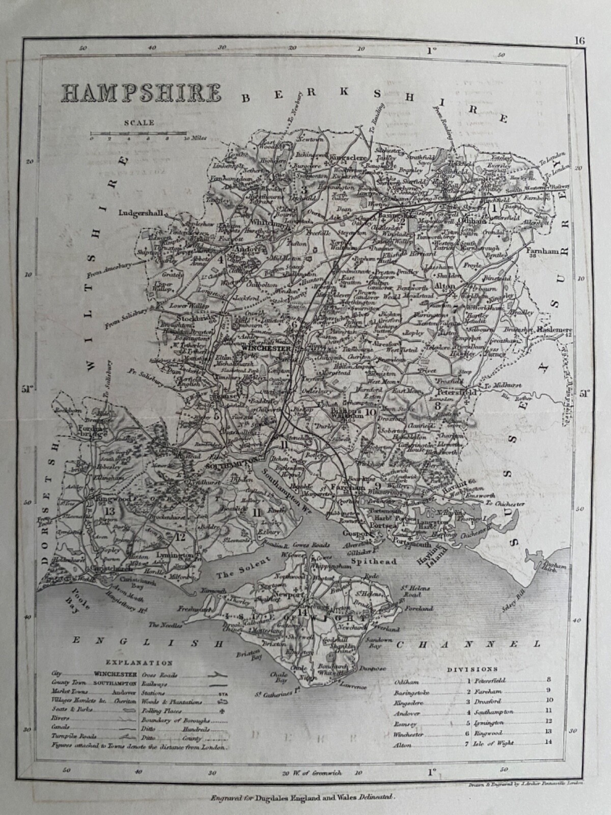 1850 Antique Map; Hampshire by Joshua Archer