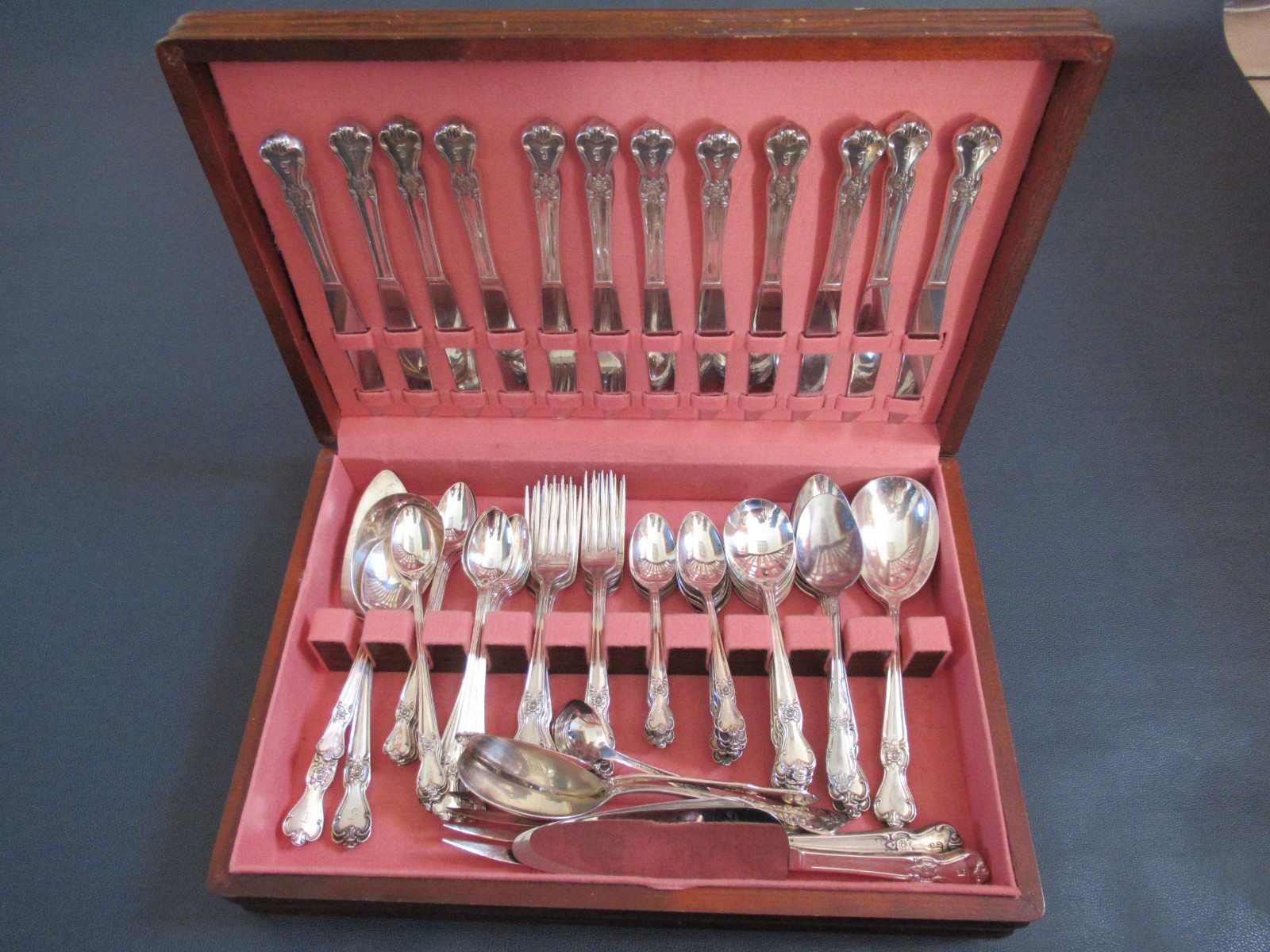Old Company Silver Plate Flatware- Signature Rose “T” Monogramed (90 peices)