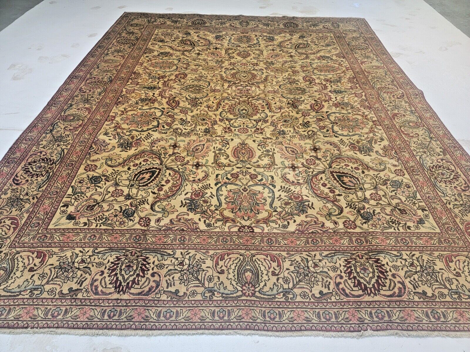 Antique Oriental Hand-Knotted Wool Area Rug Beige/Ivory 10’2″ x 12’10”