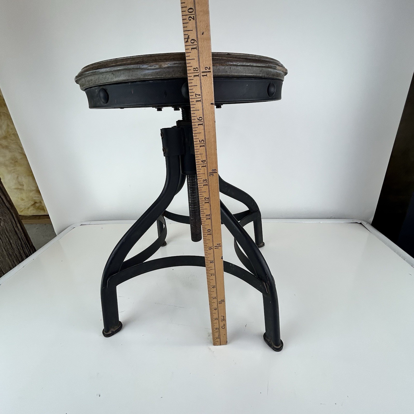 Industrial Drafting Stool Steel Adjustable With Wood Seat And Metal Base