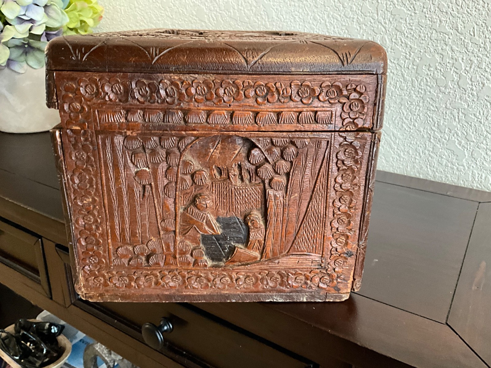 Antique Chinese intricately carved camphor wood chest 14″ x 8″