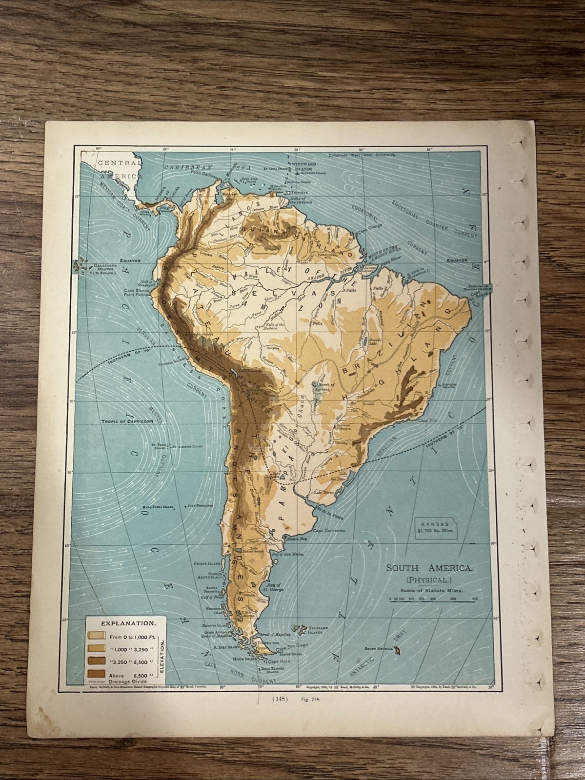 Antique 1901 Physical Map Of South America 12”x10”