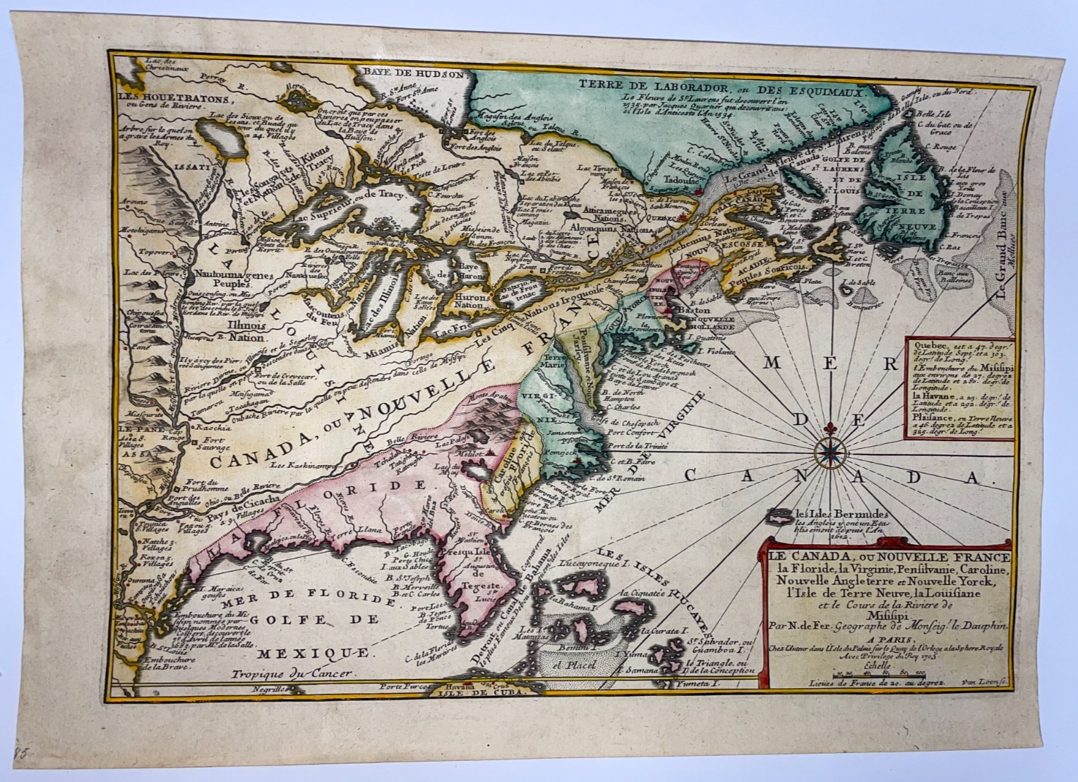 NORTHEAST NORTH AMERICA 1705 NICOLAS DE FERANTIQUE MAP 18TH CENTURY