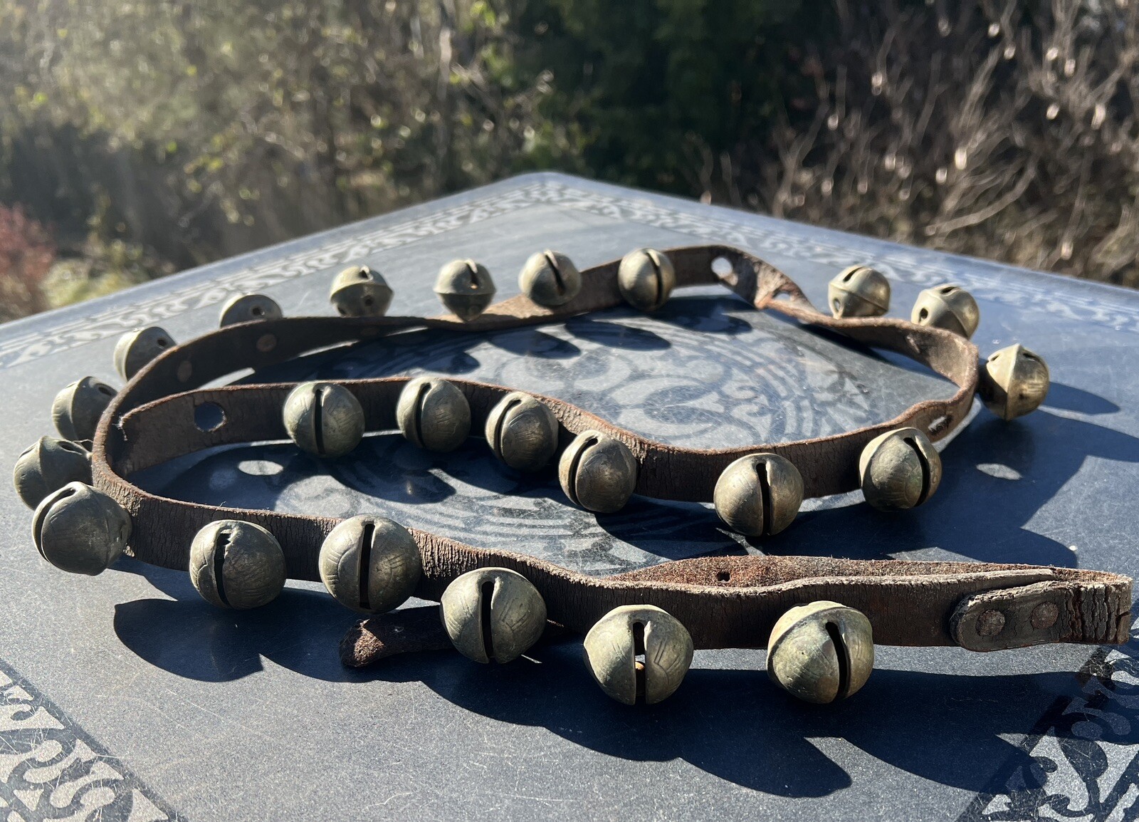 Antique Worn Leather Horse Strap w/ 23 #2 Decorated Brass Sleigh Bells