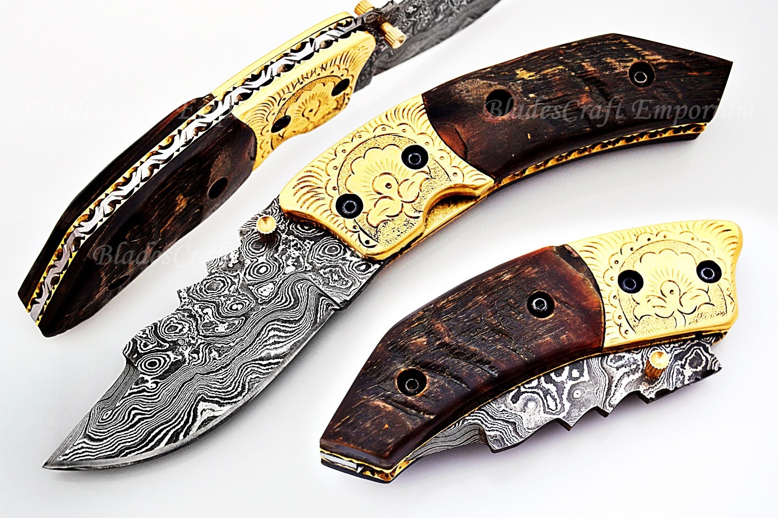 Ram Horn Handle Pocket Folding Knife Damascus Steel Engraved Brass Bolster