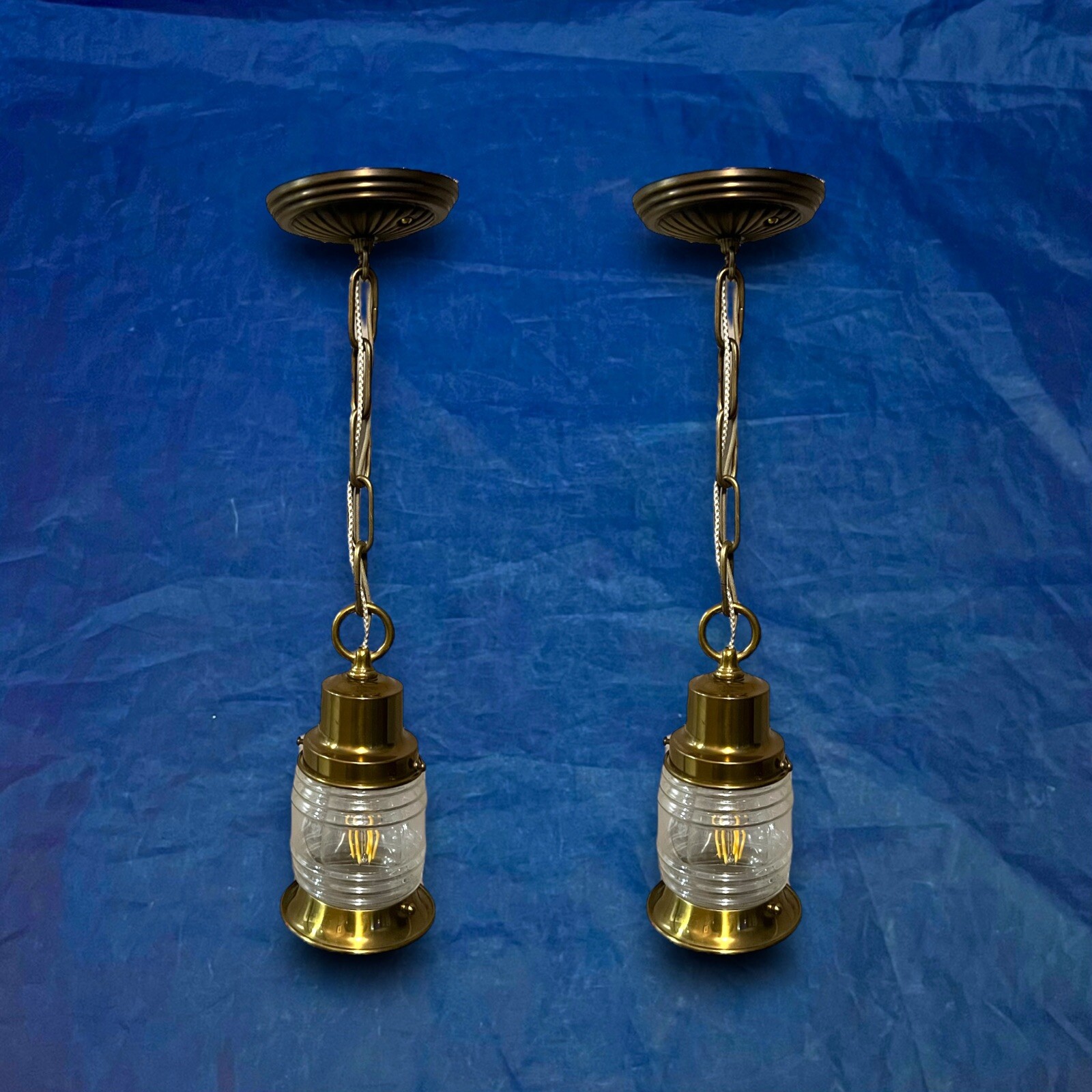 Pair Brass Pendant Lights Rare Art Deco Lantern Shades Rewired 57C