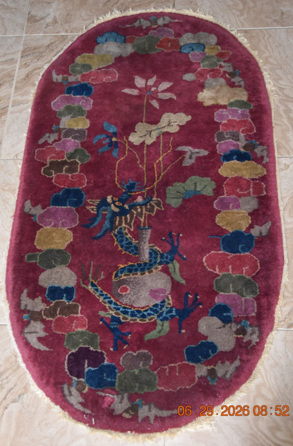 Antique 1920s Art Deco Chinese Dragon on Vase Knotted Floral Wool 26″ x 48″ Rug