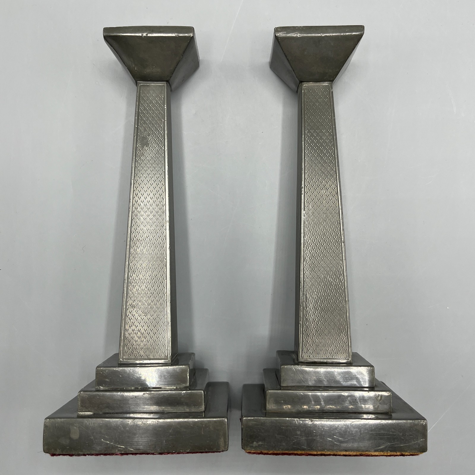 Pair Antique Pewter Candlesticks Art Deco c1930 Engine Turned English Vintage