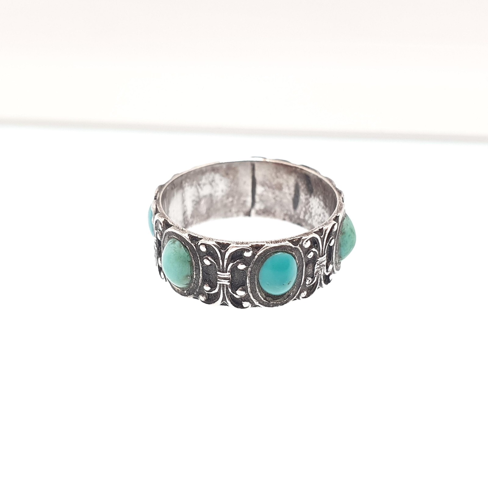 Antique Victorian Solid Silver Turquoise Ring Forget Me Not Natural Gemstones