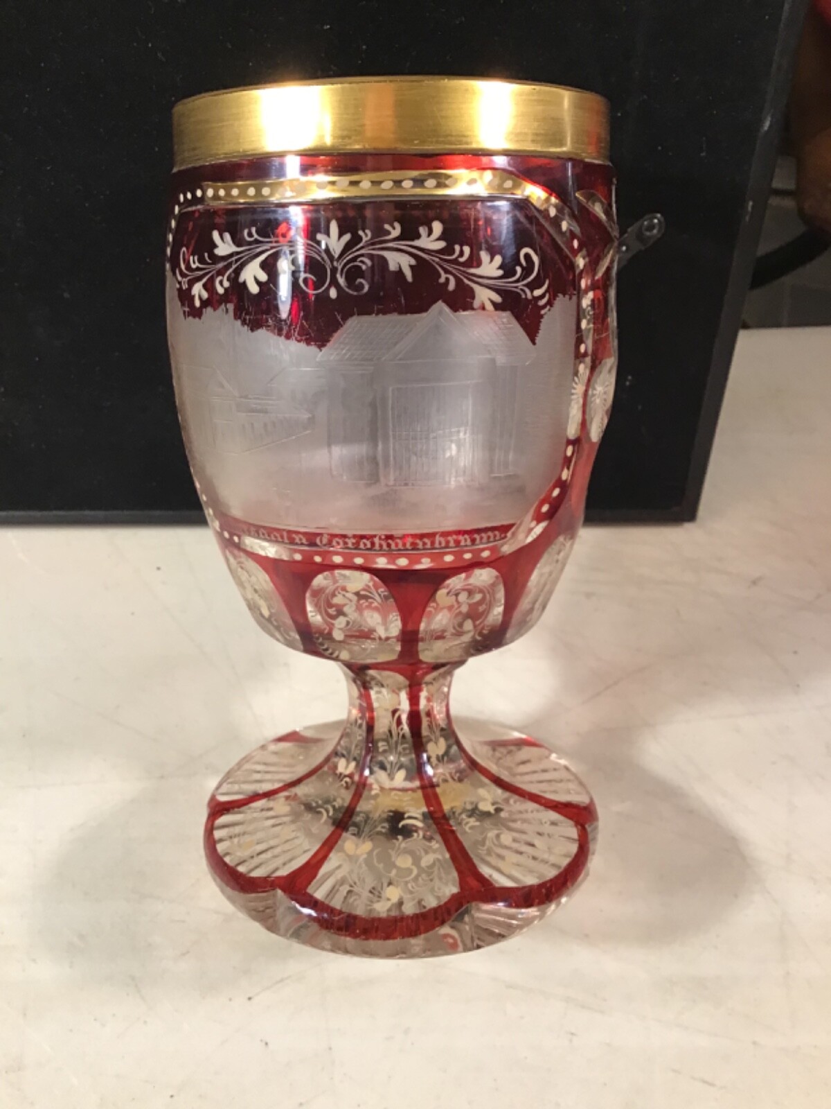 1800’s Biedermeier Czech 6.75”Glass With Names & Landmarks & Floral Etching
