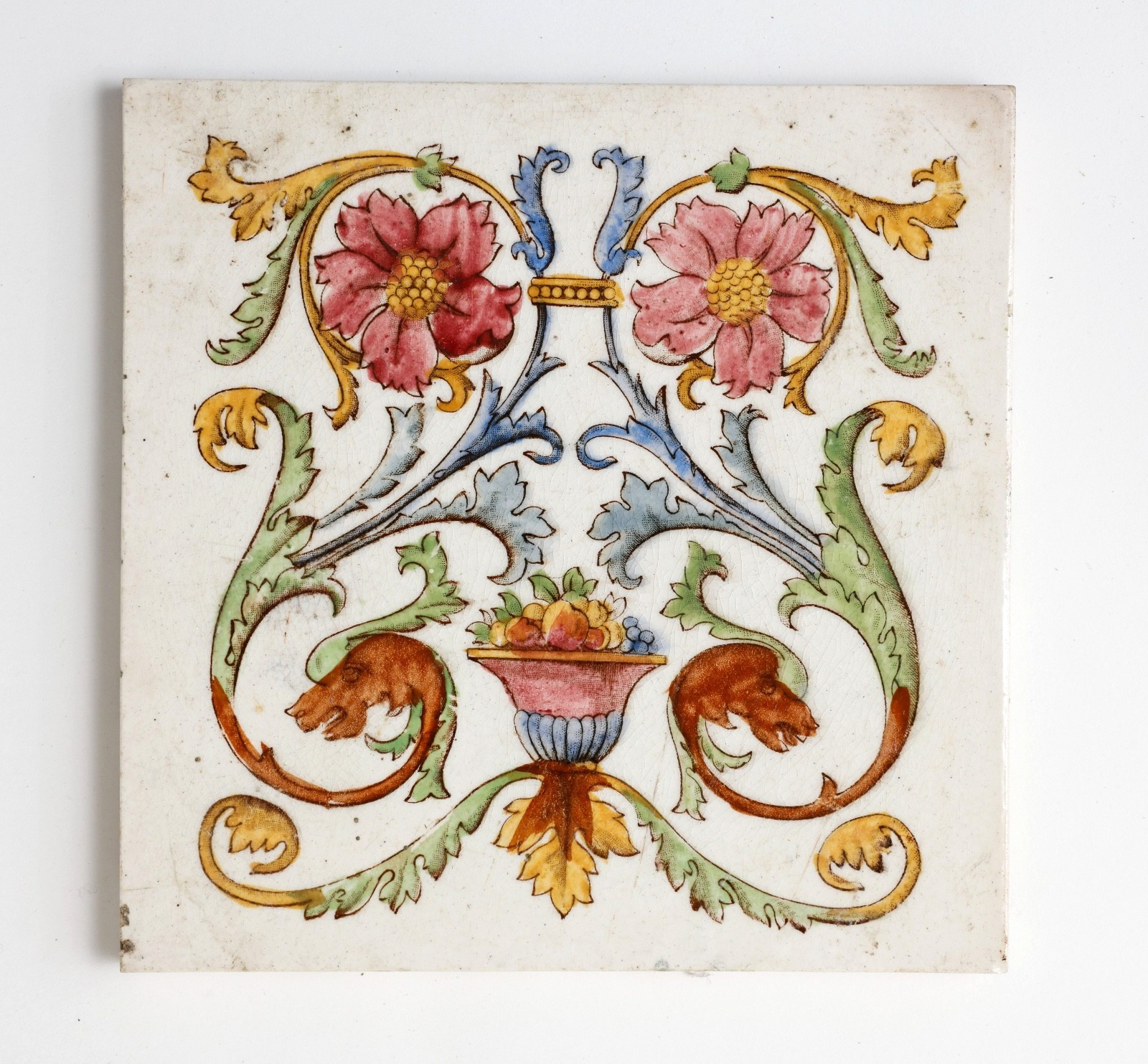 Antique English Fireplace Tile With Decorative Urn With Floral and Leaf Design
