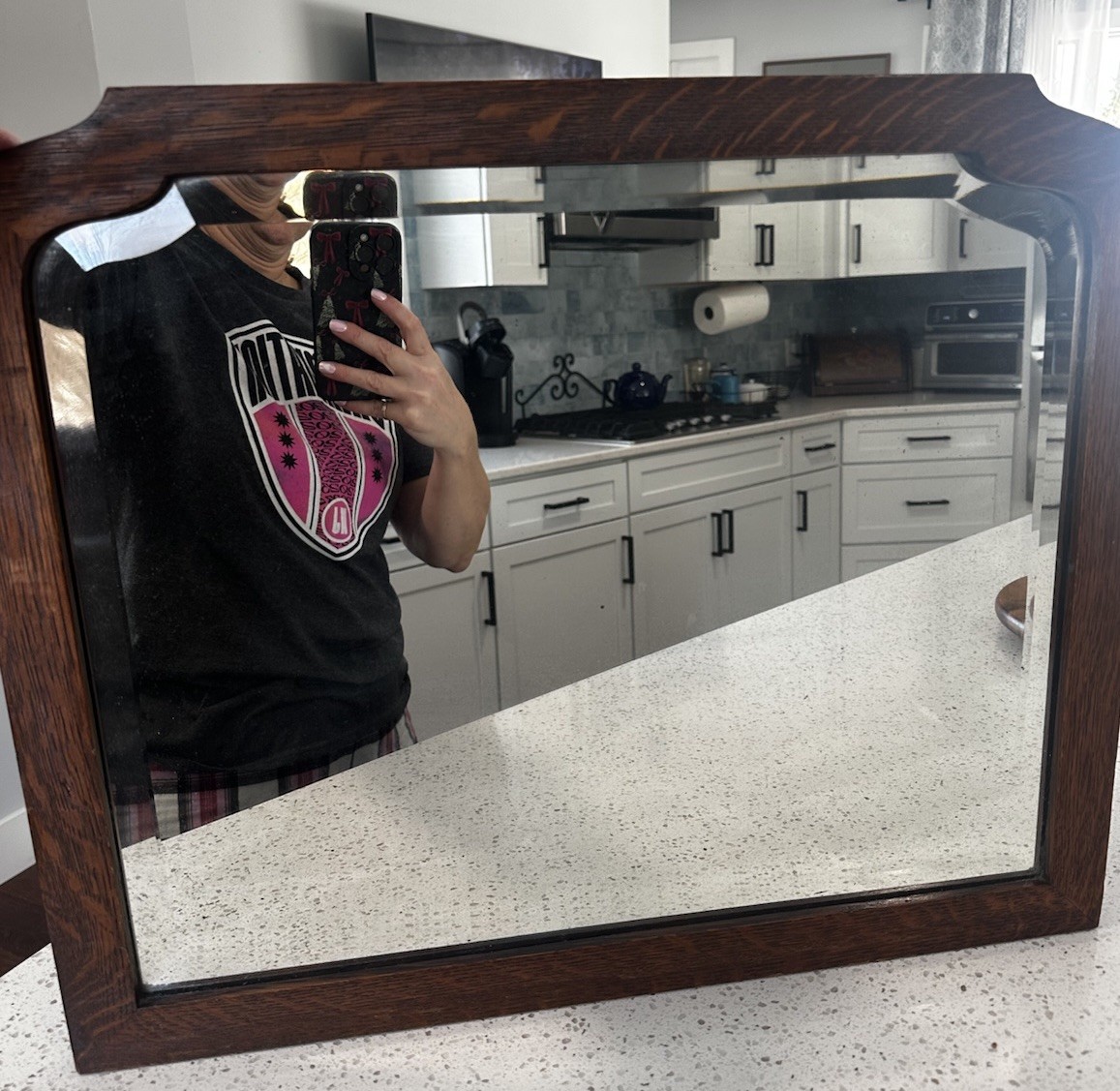 Antique Heavy Solid Tiger Oak Mirror American Theater Style Beveled Frame