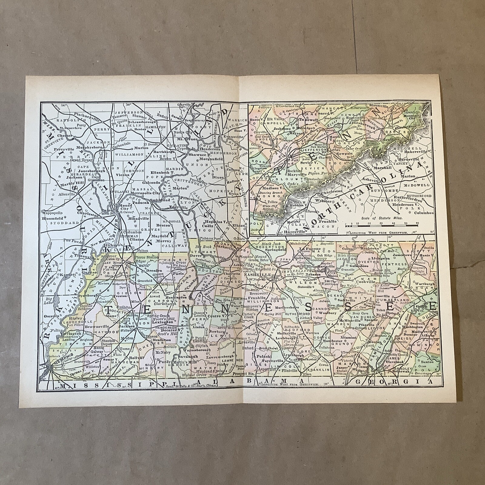 Original Rand McNally Map Of Tennessee Late 1800s Early 1900s As Is INV-P0533