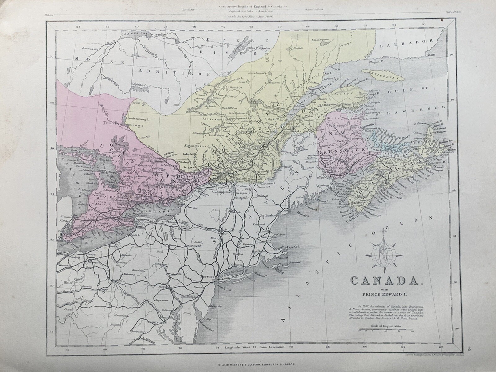 1871 Eastern Canada Fully Hand Coloured Original Antique Map by Joshua Archer