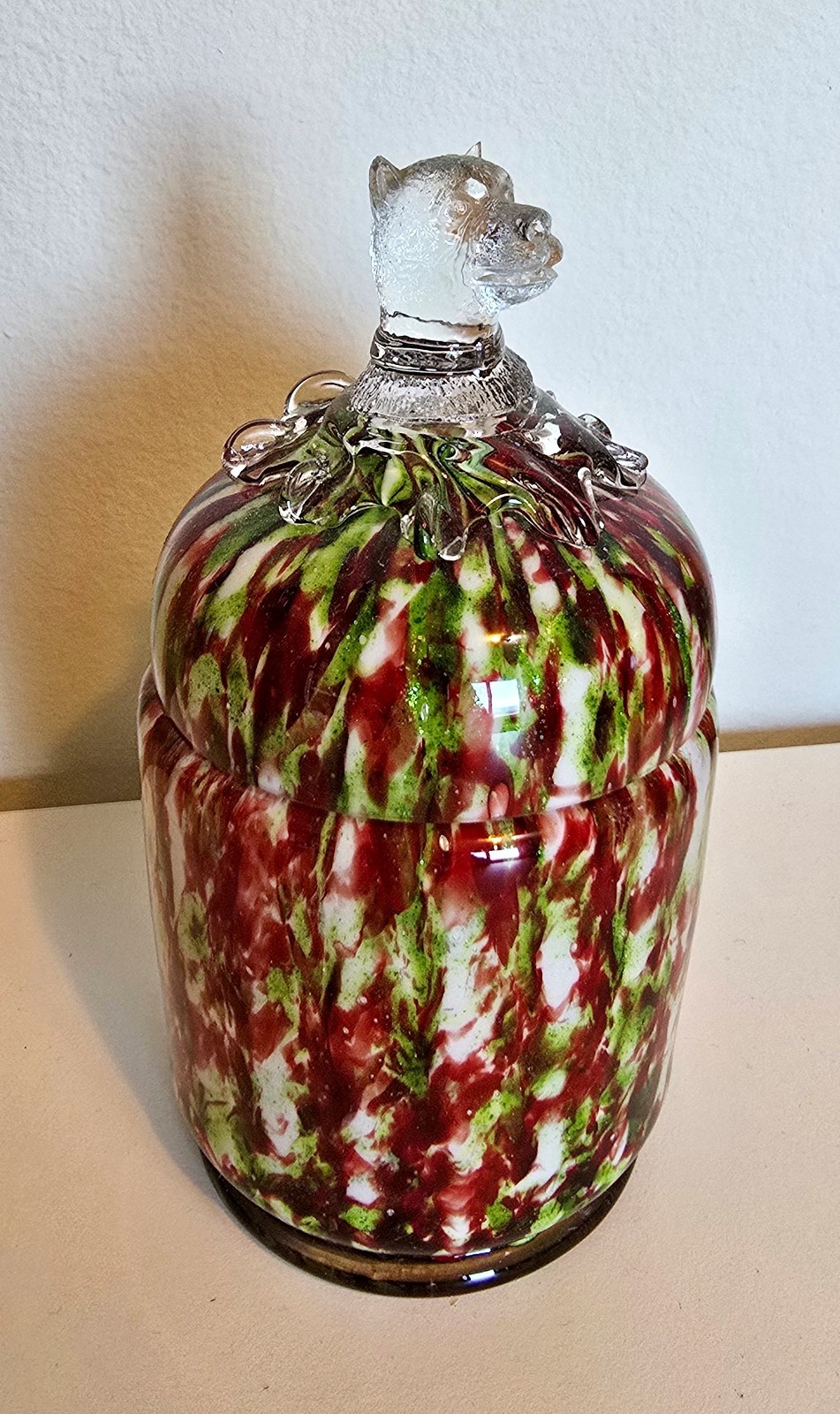 Rare Antique Czech or Bohemian Art Glass Powder Vanity Jar with Dog Head Finial