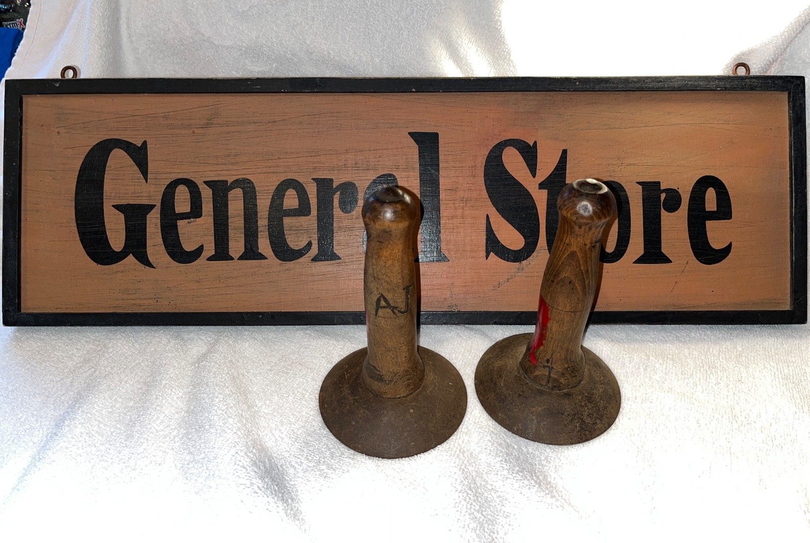 Antique Hog Scraper Farm Tool and General Store wood sign. Set of 3. Both used.