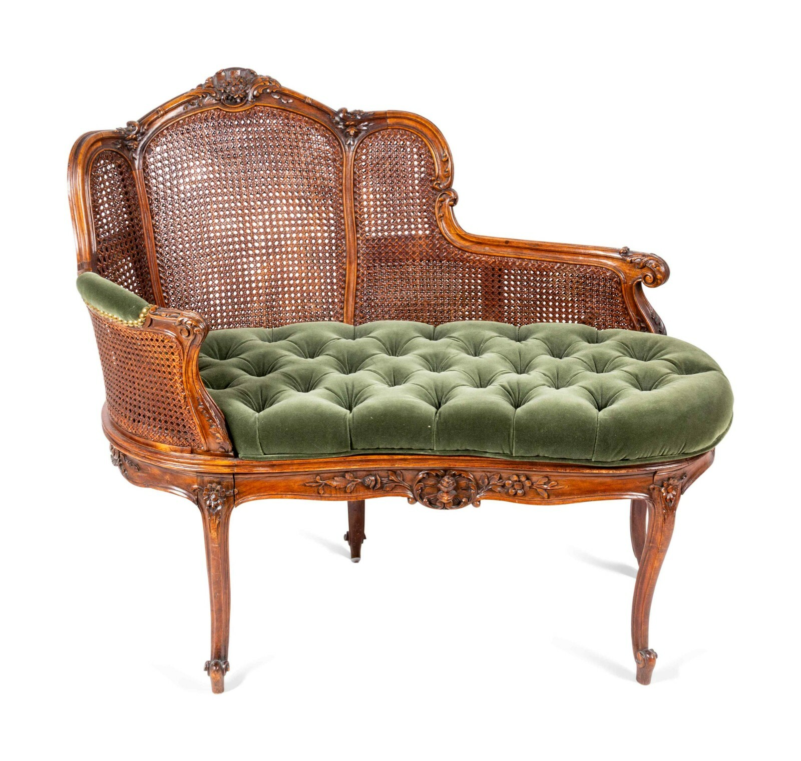Settee, Louis XV Style, Caned, Green Tufted Upholstery, 33 1/2″ H, 1900s