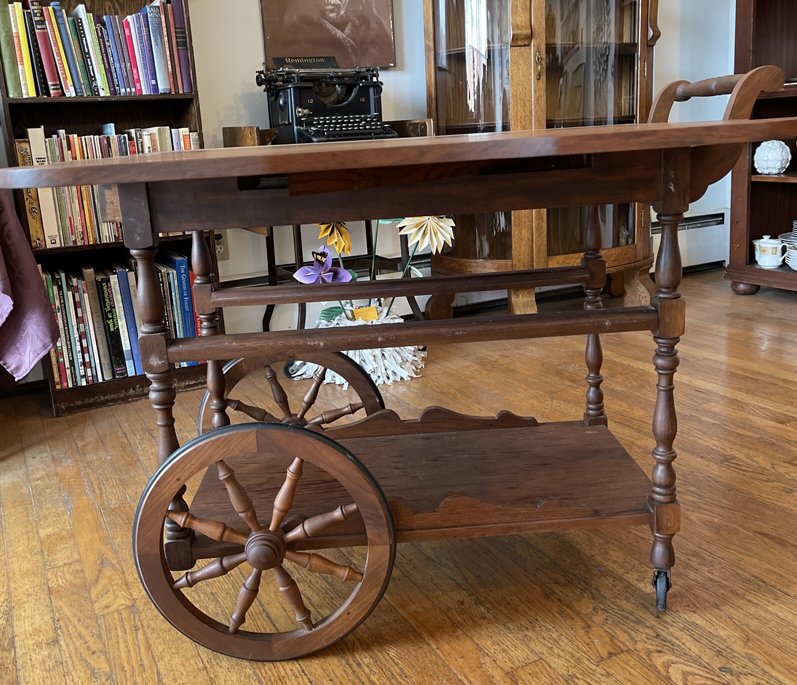 Antique Drop Leaf Table Server Tea Cart Bar Wood on Wheels w/ Handle