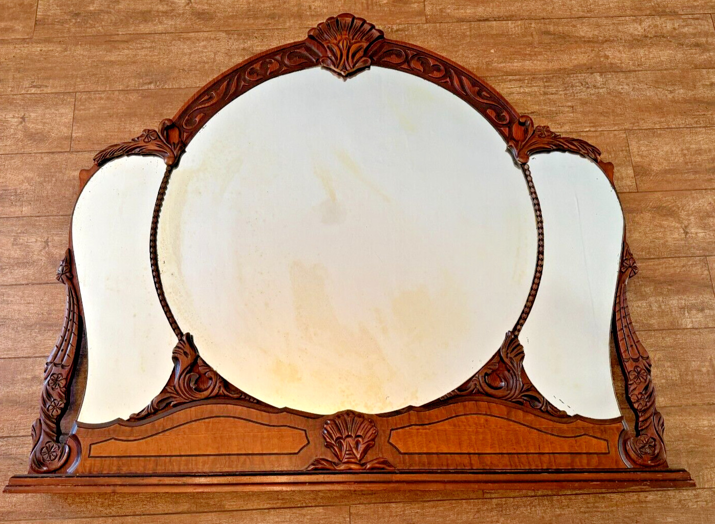 Vintage Mirror Walnut 40″ H 47″ W framed antique Art Nouveau dresser stand tudor
