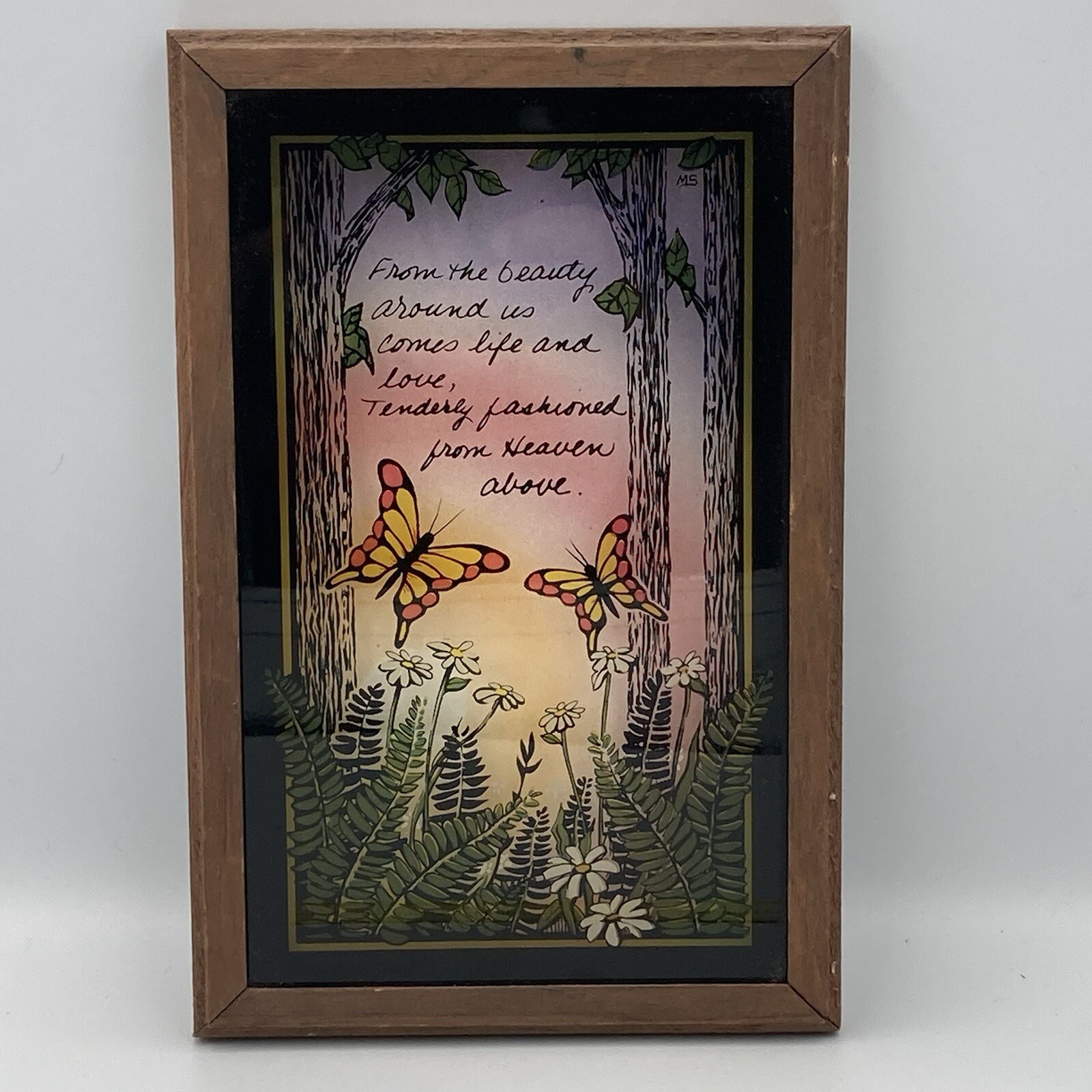 Vintage 1978 Lulu’s Inc Picture Wall Hanging Reverse Glass Butterfly Painting