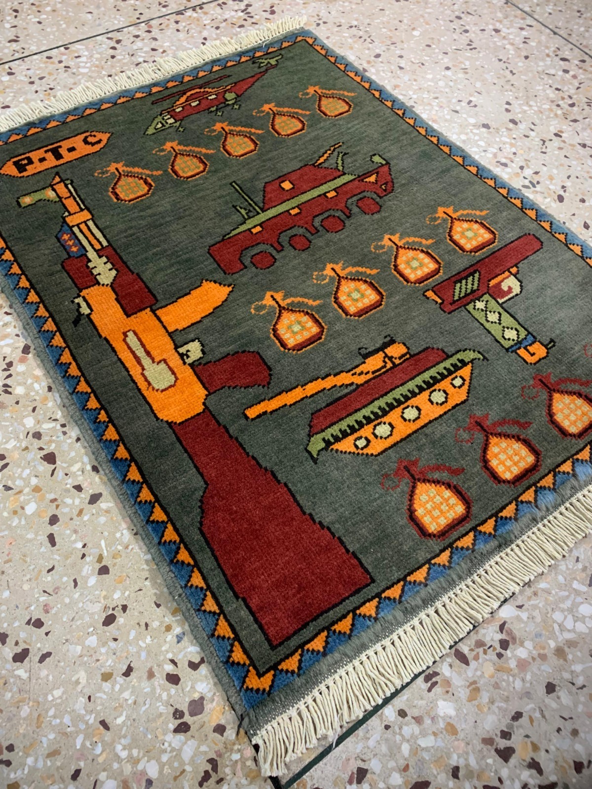 Taliban war rugs, tora boora hills, war map, road to Russia, tanks, AK47, peace