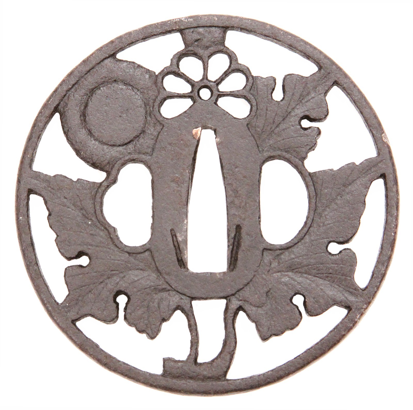 Large Antique Japanese Sukashi Tsuba Iron Flower Leaves Edo Katana Sword Guard