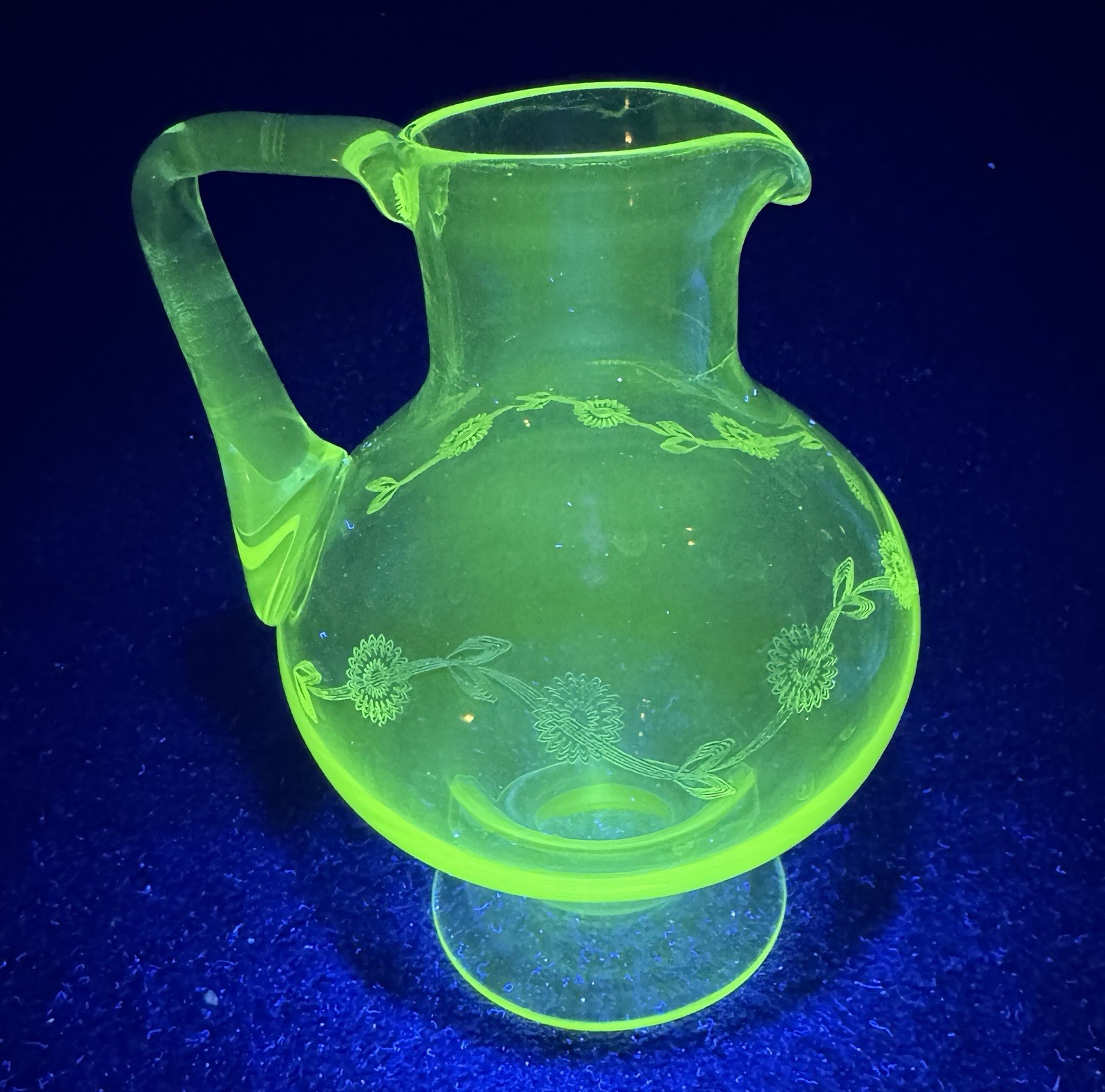 Antique Victorian Footed Juice Pitcher Engraved With Flowers Manganese Glass