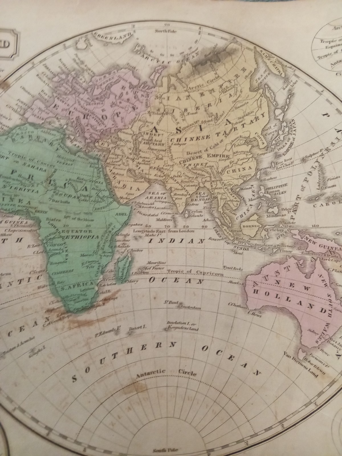 Antique 1821 World Map Double Hemisphere Engraving William C Woodbridge Hand Col