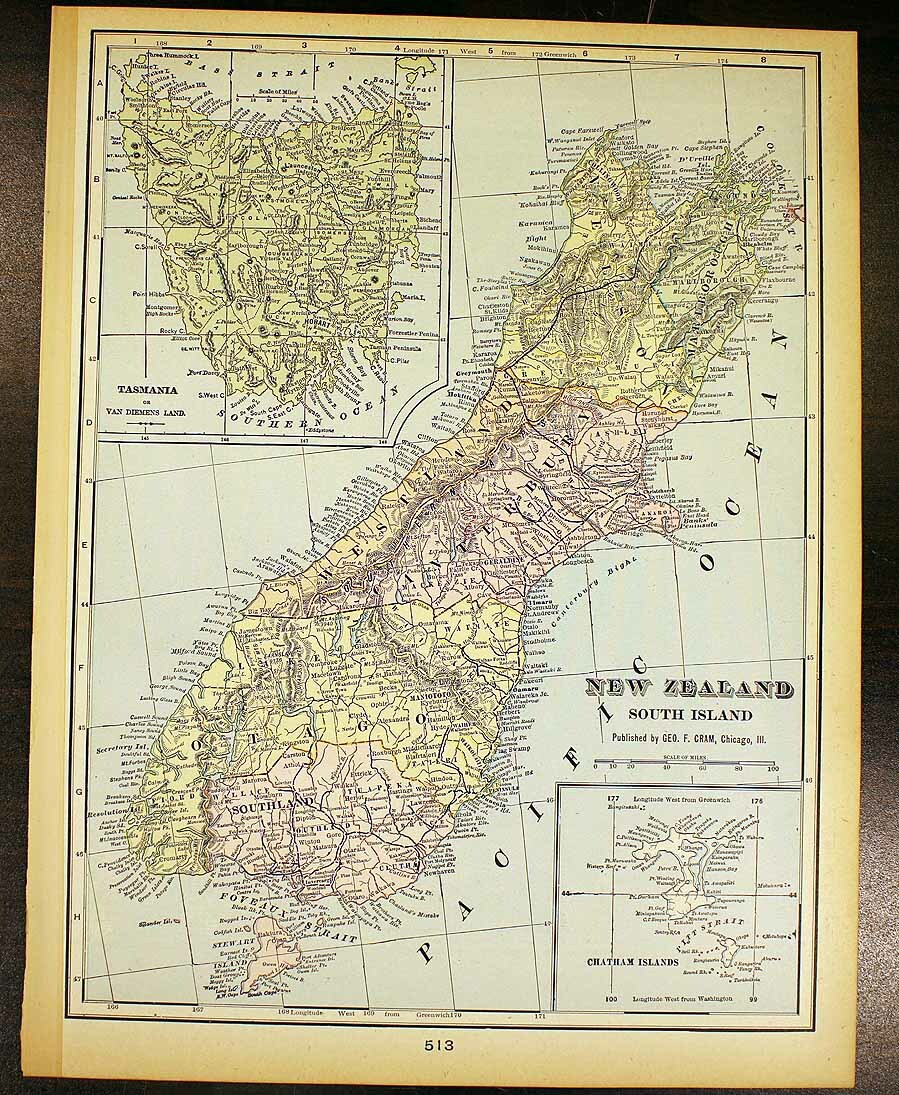 Queensland Australia Antique Color Map 1901 Cram’s 14½” x 22″ New Zealand South