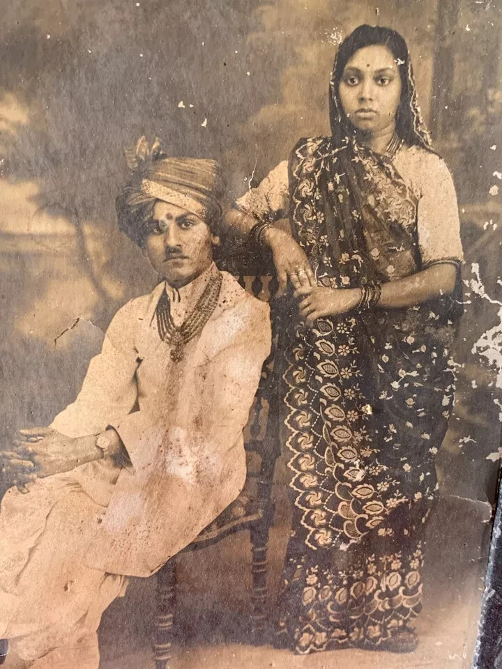 Vintage Indian Couple Man Woman Portrait Tinted Black & White Photograph Framed