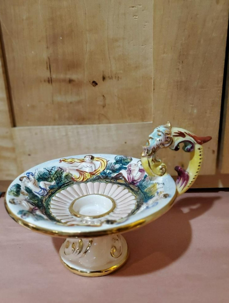 Capodimonte Candle Holder Ceramic Handled/Pedastal Cherubs Vtg Signed ITALY