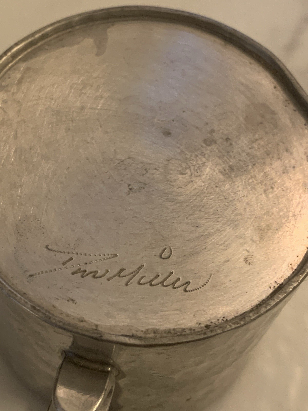 ✨Antique Hand Engraved Hallmarked Pewter Small Cup Primitive Piece Scroll Handle