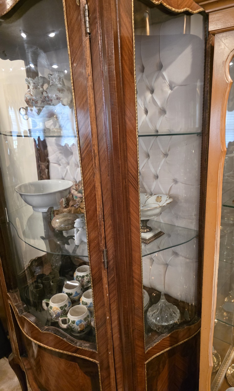 Vintage China Cabinet Vitrine with Curved Glass Brass Accents and Key