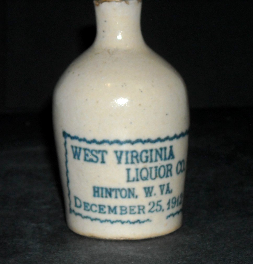 HINTON, W. VA. 3 1/4″ Miniature Advertising Stoneware Mini Jug Whiskey Liquor