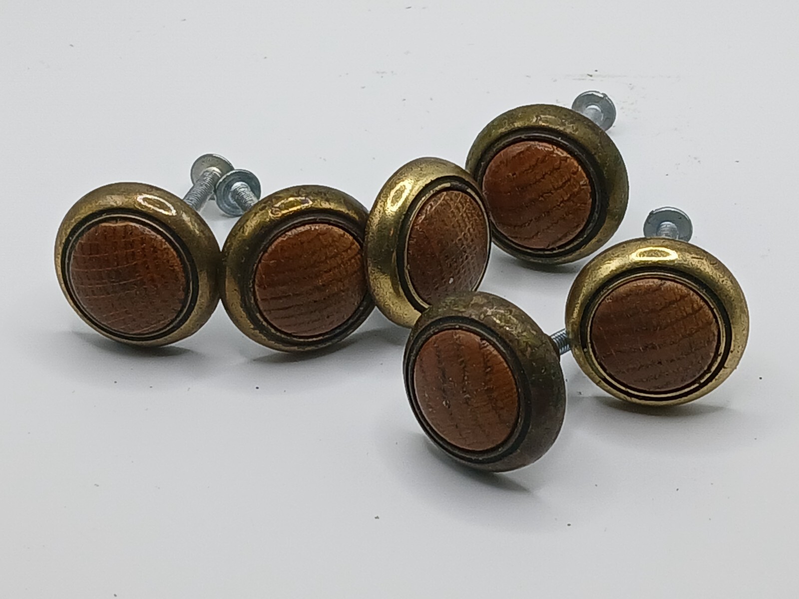 6 Vintage 1″ Brass and wood Drawer pulls