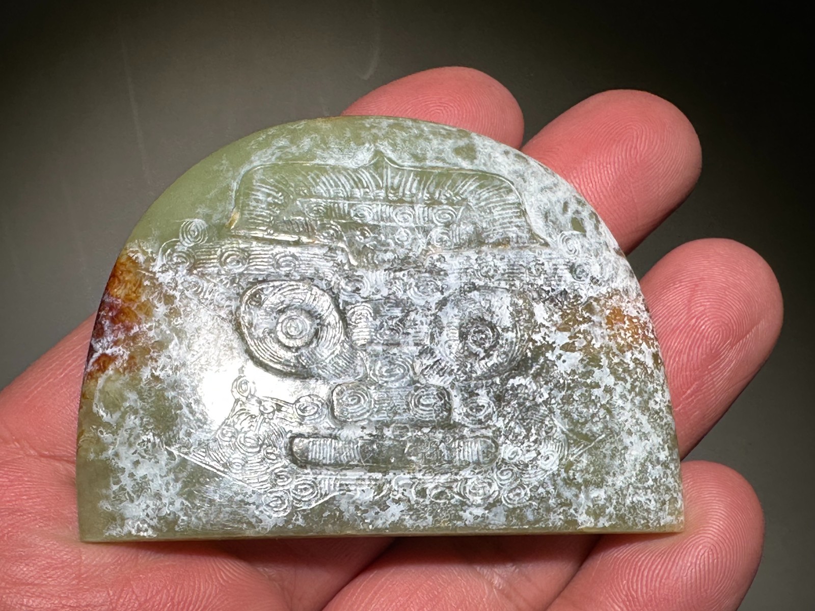 Rare “Liang Zhu” Culture Old Jade Carved God Person Animal Face Pendant L 6.4 cm